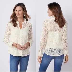 New Soft Surroundings Lasalle Floral Lace Long Sleeve Mock Neck Button Up Blouse